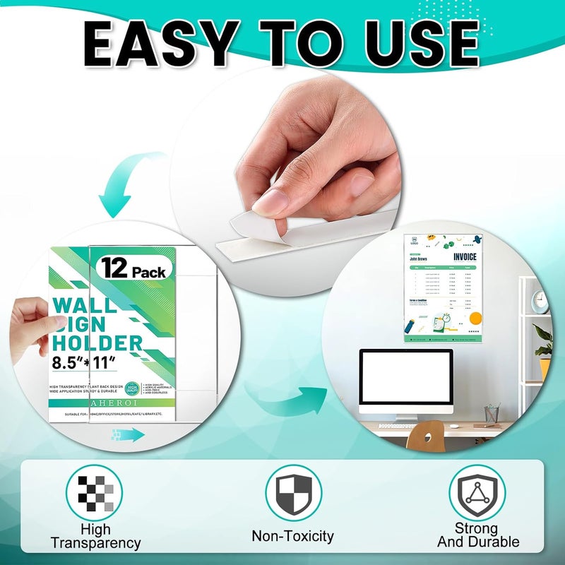 Aheroi حامل لافتات أكريليك 8.5 × 11، 12 قطعة إطار مستندات شفاف مع شريط لاصق، تركيب على الحائط بلا حفر 8.5 × 11 إطار تعليق أكريليك حامل لافتات بلاستيكي لمكتب الأعمال قائمة المتجر - Image 4